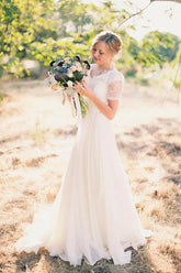 Chiffon A-line Short Sleeves Boho Wedding Dresses, Lace Wedding Gown